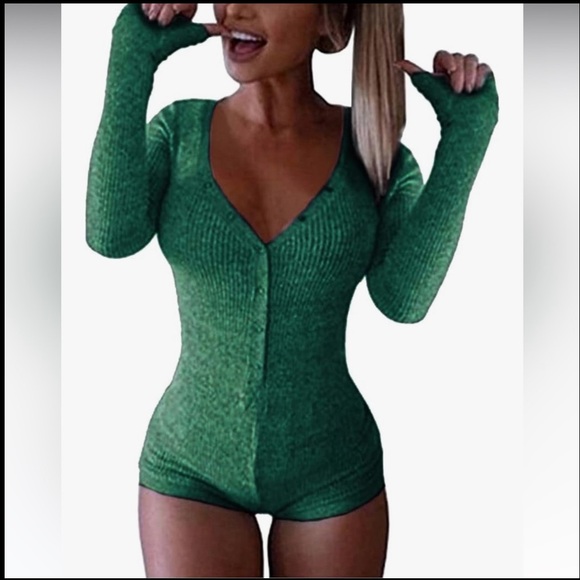 Green Ribbed Sexy Long Sleeve Romper - Picture 5 of 5